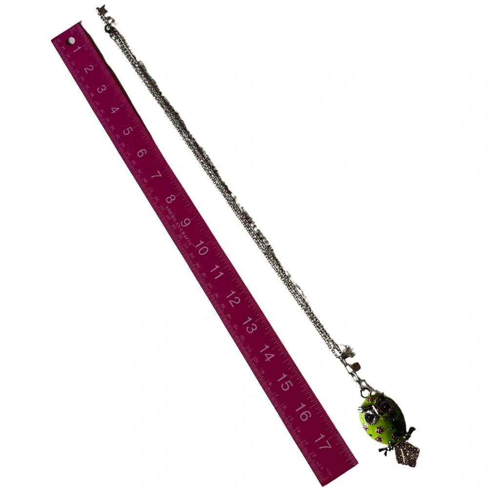 Owl Pendant Necklace in Green Pink Enamel with Clear Rhinestones Silver Tone